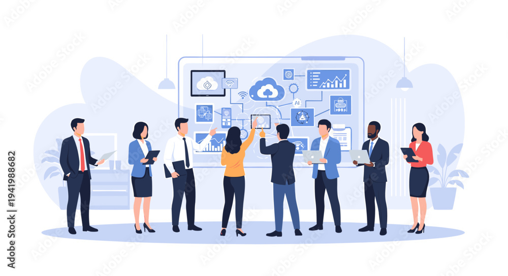 Obraz premium A diverse team of professionals collaborates around a digital display showcasing cloud computing and data analytics concepts.