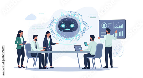 A team of professionals collaborates around a table, discussing a futuristic AI robot visualization on a screen, symbolizing innovation and technology in business.