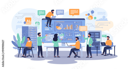 A team of professionals collaborates on a large digital dashboard displaying data analytics and charts, representing teamwork and technological advancement.