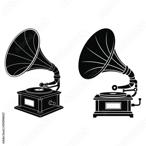 Two vintage gramophones in black silhouette phonograph