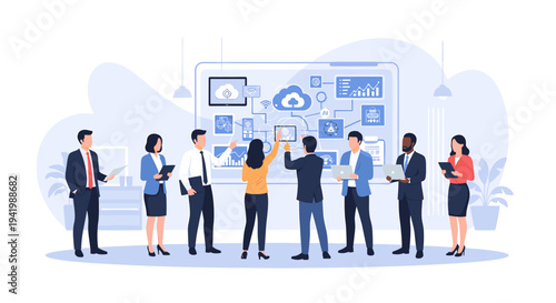 A diverse team of professionals collaborates around a digital display showcasing cloud computing and data analytics concepts.