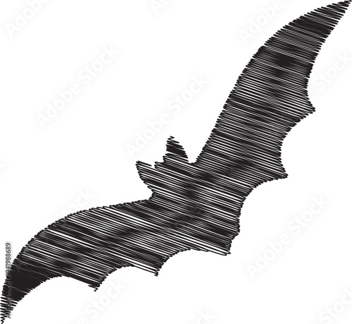 A black bat flying in the night sky with a unique pixelated design