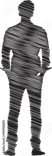 A man silhouette composed of small words on a white background