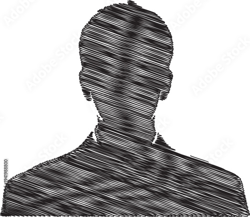 A person's silhouette made of small words and characters on a plain white background
