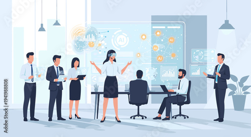 A diverse team of professionals collaborates in a modern office, utilizing advanced technology and virtual reality for a dynamic presentation.