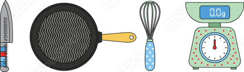Colorful kitchen utensils vector set featuring chef knife frying pan whisk and digital food scale for culinary blogging healthy cooking and restaurant menu design.
