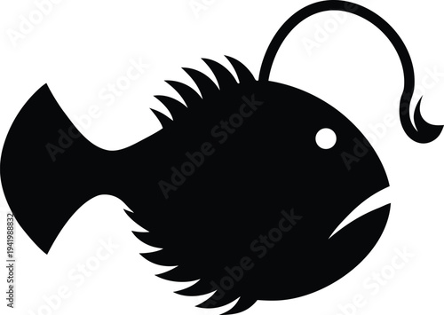 anglerfish silhouette vector art illustration, black and white design