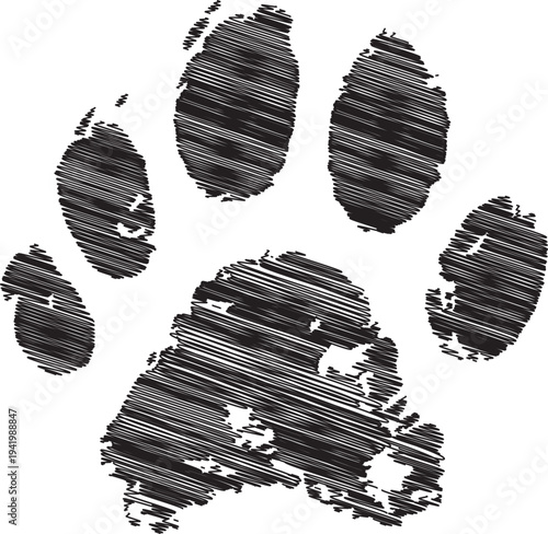 This is a black and white image of a dog paw print on a clean background