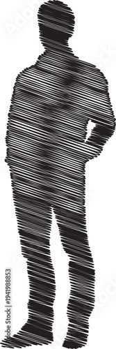 A man composed of small words and characters in black and white