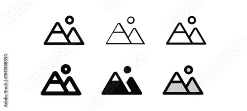 Collection of mountain icons with sun, showcasing different styles and color variations for design projects
