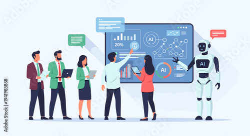 A diverse team of professionals collaborates with an advanced AI robot, analyzing data on a futuristic digital display.
