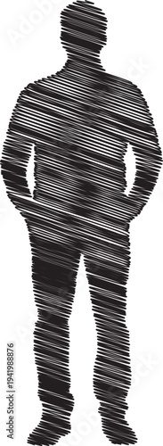 A man composed of various words and letters in black and white