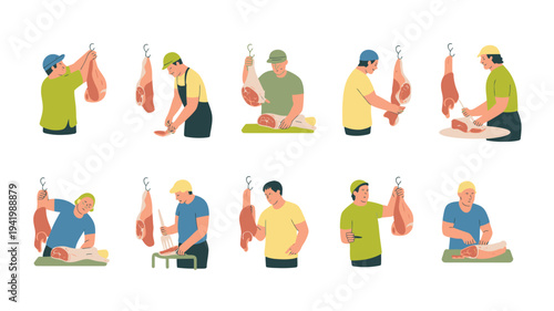 Butchers preparing meat in a row, showing various stages of meat preparation, butchery scene, cartoon-illustrated steps, kitchen environment, front view