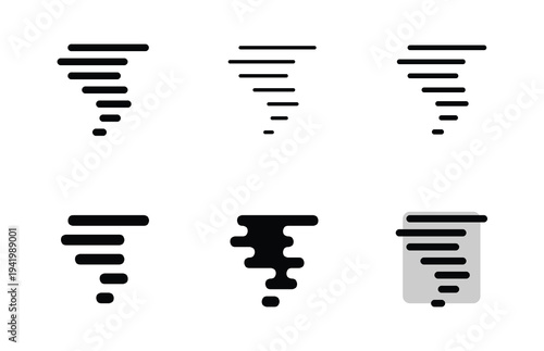 Collection of six tornado icons depicting swirling winds and natural disaster in various styles, representing weather phenomena and storms