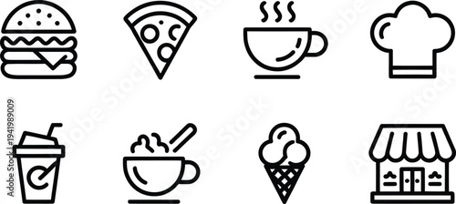 Food icons pizza coffee soup ice cream outline set

