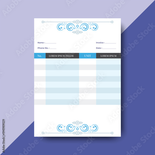 Modern Invoice Template with Elegant Blue Ornamental Header and Business Layout