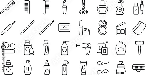 Beauty salon icons collection, hair makeup cosmetic tools and skincare accessories outline set isolated vector illustration