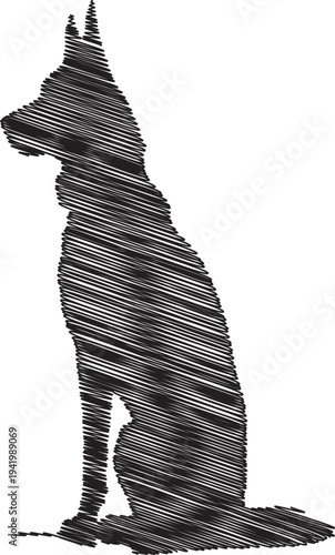 A stylized illustration of a sitting dog in profile view with unique shading
