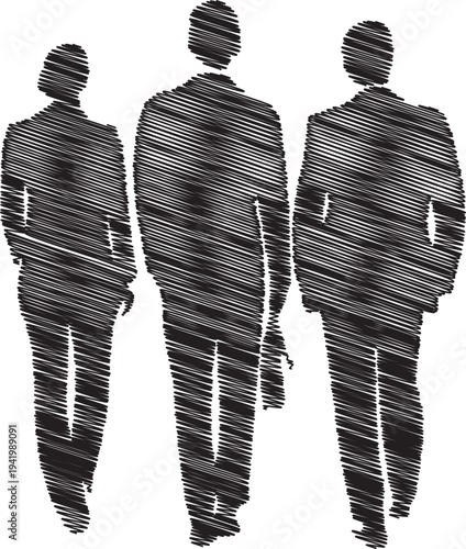 Three businessmen walking away in a stylized black and white illustration