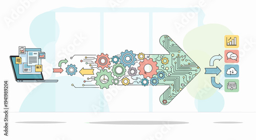 Digital data processing workflow from input to output with gears and circuit board elements.