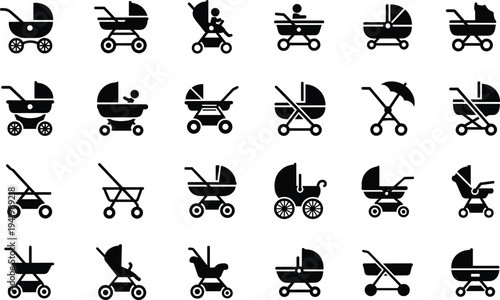 Large collection of baby stroller and pram silhouettes featuring various modern carriage designs for nursery branding parenting blogs and maternity related graphic illustrations
