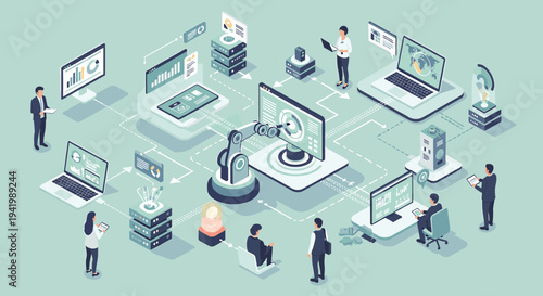 A detailed isometric illustration showing a complex network of interconnected digital devices, data flow, and people working with technology, automation, and business analytics.