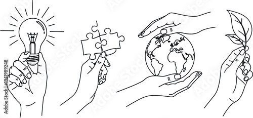 Hands holding symbols of nature and light