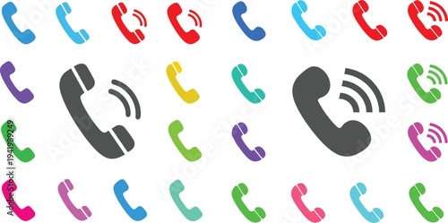 Colorful phone icons set with gray telephones and signal waves for communication design