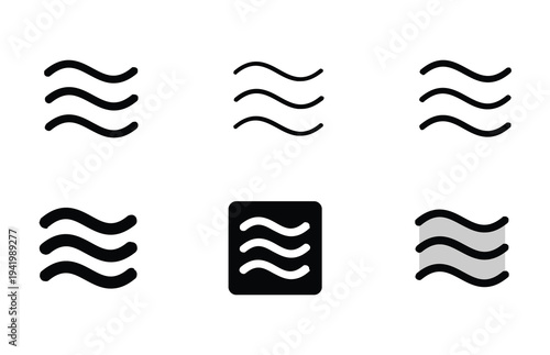 Collection of stylized wave icons showcasing various designs and forms for representing water or weather phenomena