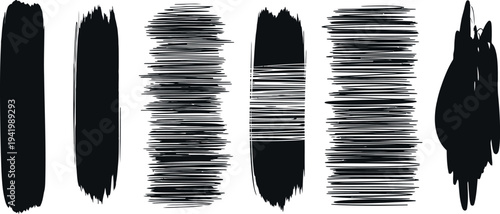 A collection of five distinct black brush strokes on a white background for artistic or design purposes