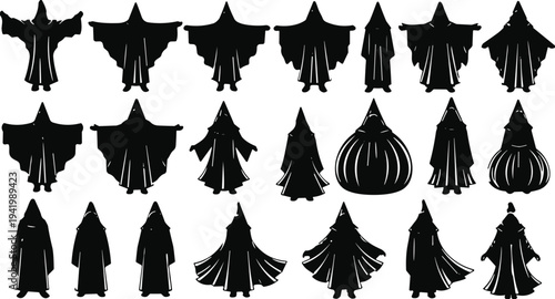 Christmas tree silhouettes collection, pine fir spruce holiday decoration icons set isolated black vector illustration