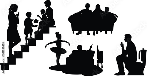 Family lifestyle silhouettes collection, parents children home activities dancing painting relaxing scenes isolated black vector illustration