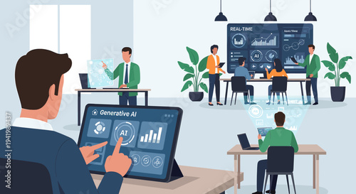 Diverse team collaborates on generative AI project in a modern office setting, with data visualizations on screens and tablets.