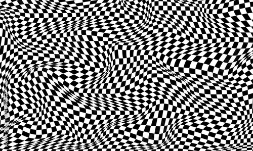 Y2k design for banner. Checkerboard wavy pattern. Warped surface background with geometric graphic. Checkered psychedelic optical illusion. Abstract chess square print. Vector illustration