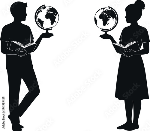 Silhouette of a man and woman holding mirrors reflecting each other