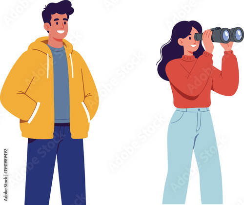 Young woman using binoculars, man standing smiling, cartoon characters outdoors, exploring, observing, nature watching, casual fashion, adventure concept