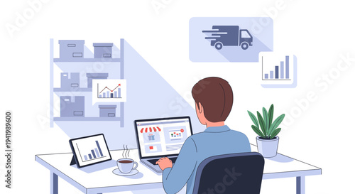 A person managing online business operations, logistics, and data analysis from a desk with a laptop and tablet, surrounded by warehouse elements.