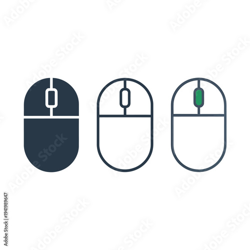 Three computer mice icons in varying styles and colors are displayed
