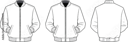 Zipper jacket technical fashion illustration, flat sketch front angled and back view, apparel design template vector drawing