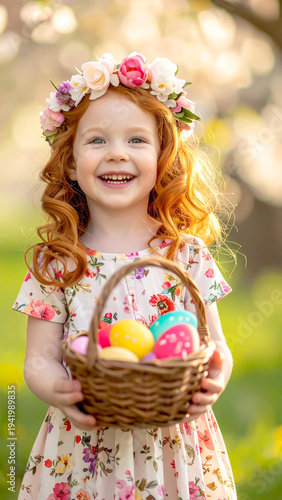 Lachendes Kleinkind mit Osterkorb und bunten Eiern im Frühlingsgarten