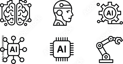 AI robot head and microchip outline icons

