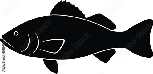 black bass silhouette vector art illustration, black and white design