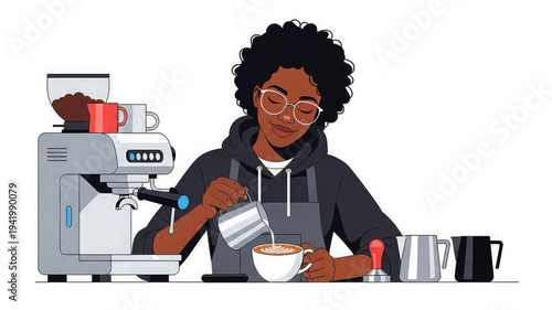 Skilled barista with afro hair meticulously crafts latte art in a coffee cup using an espresso machine