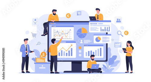People analyzing business data and financial reports on a large computer screen with charts and graphs, illustrating teamwork in digital marketing and analytics.