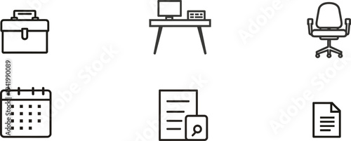 Office desk workspace and document search line icons

