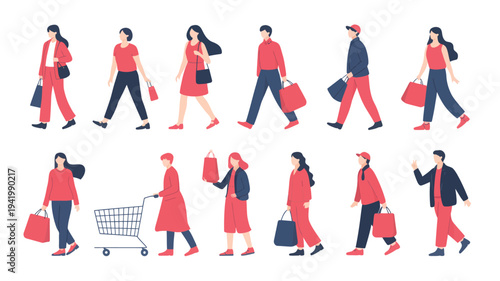People walking and shopping, illustration set of people carrying bags and using carts, consumer activity, urban lifestyle, commercial scene, vector graphics