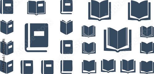 Collection of dark blue book icons in various sizes and orientations for education reading and literature concepts