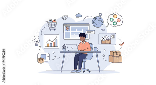 A young person works on a laptop at a desk surrounded by icons representing e-commerce, data analysis, and global business operations.