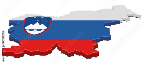 3D isometric map of Slovenia featuring the national flag and coat of arms, representing European integration, patriotism, and geopolitical status (cut out)