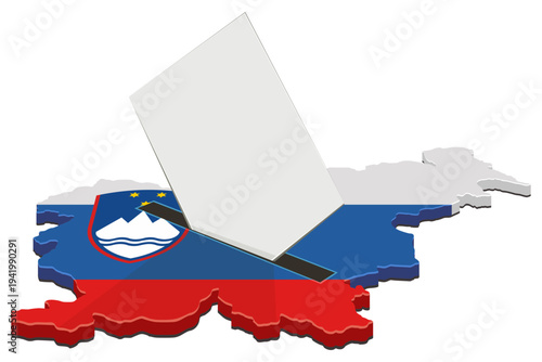 3D isometric map of Slovenia as a ballot box with a voting paper, representing national elections, democratic rights, political choice, and civic duty in Europe (cut out)